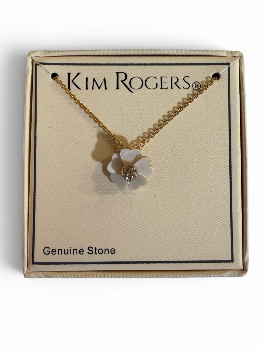 NWT Kim Rogers Gold Chain White Flower Pendant with Crystal Center